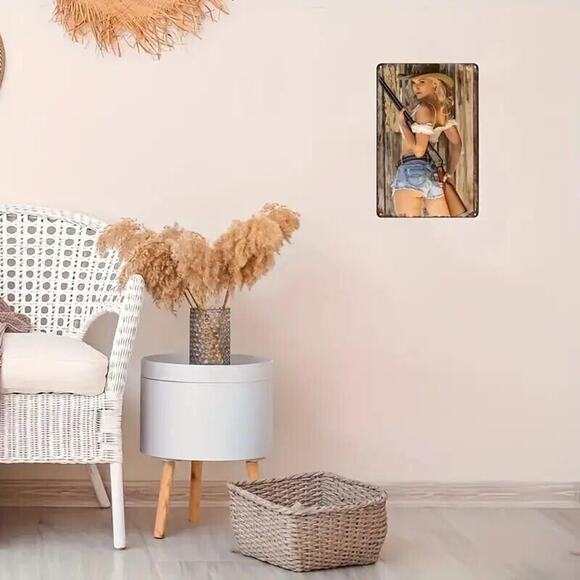Metal Tin Sign •Blonde Cowgirl Pinup •Hot Pants •Marlin 1894 Octagon Barrel 8x12 - Picture 4 of 10